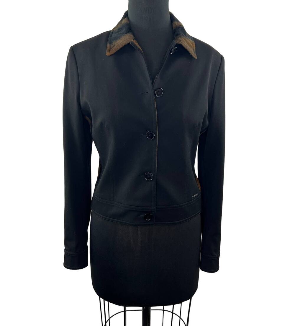 Votre Nom JEVNS Black Stretch Jersey Jacket w/ Animal Print Trim Button-Up 2 XS